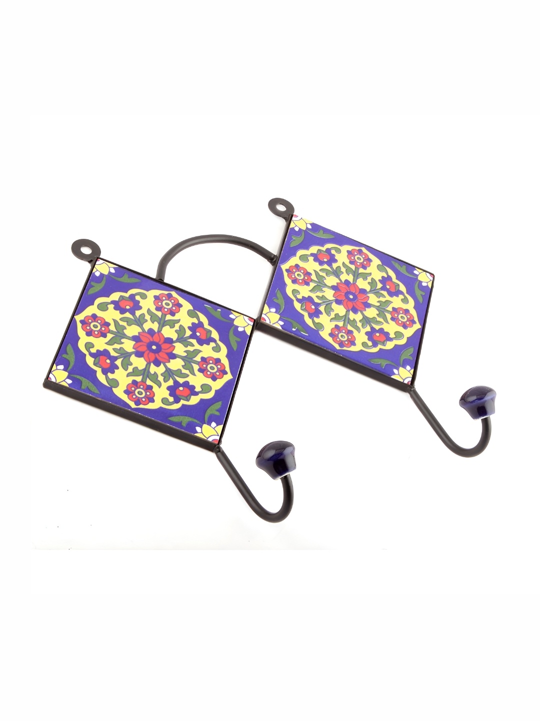 

Indianshelf Yellow & Blue Floral Printed Ceramic Wall Key Holder