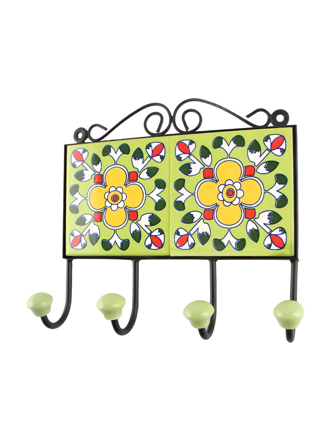 

Indianshelf Yellow & Green Floral Printed Ceramic 4 Hooks Key Holder