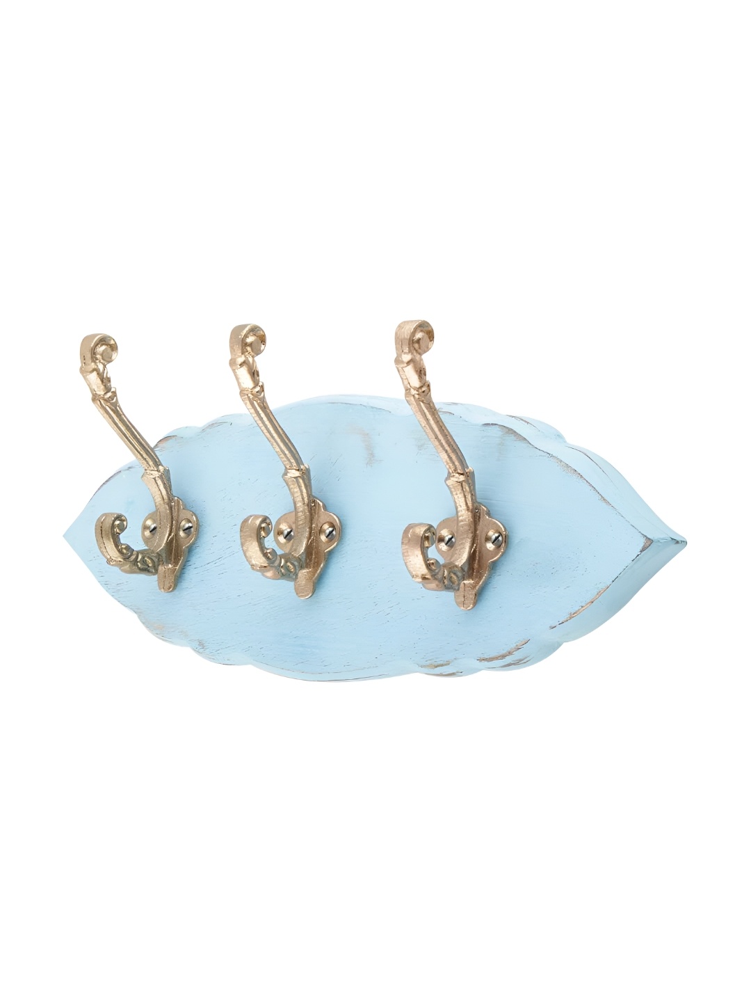 

Indianshelf Beige & Turquoise Blue Leaf Shape Double Loop Wooden 3 Hooks Key Holder