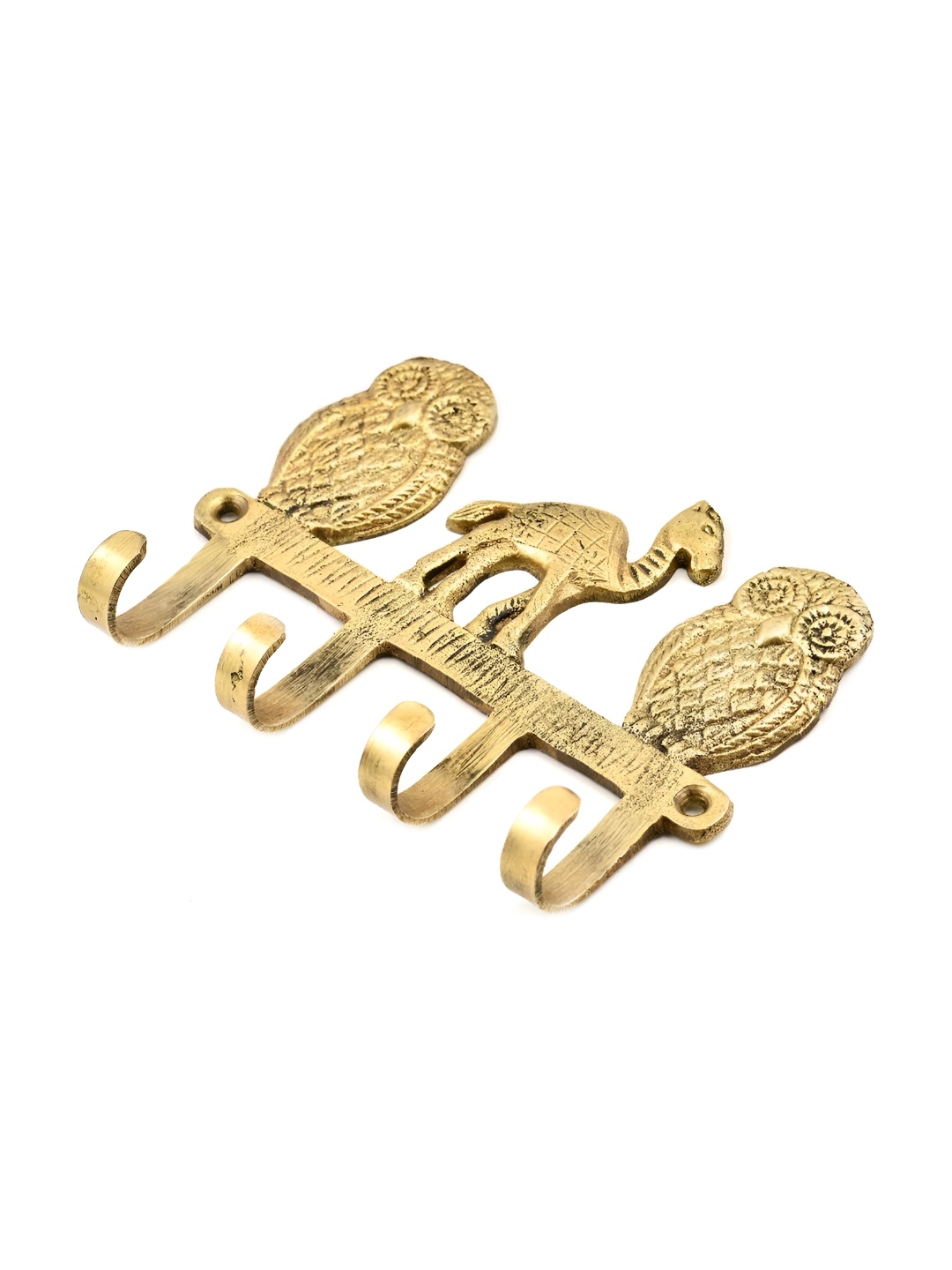 

Indianshelf Gold Toned Owls Shape Antique Textured Brass Wall 4 Hooks Key Holder
