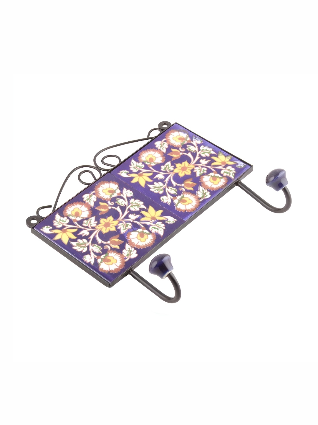 

Indianshelf Blue & Yellow Floral Tile Printed Ceramic Wall 2 Hooks Key Holder