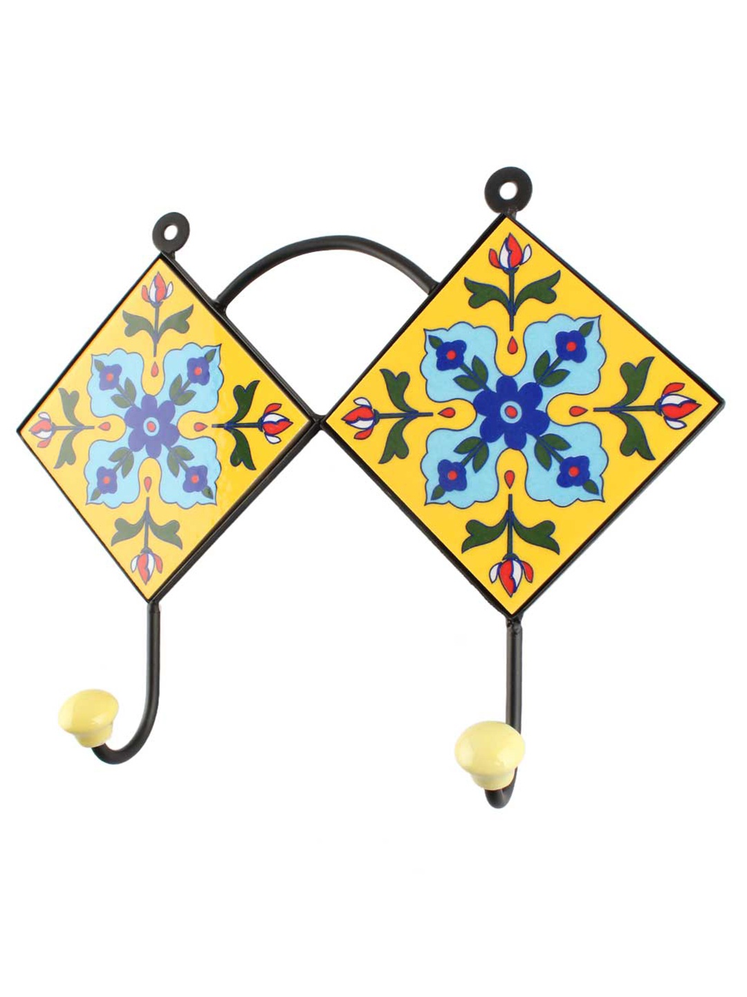 

Indianshelf Yellow & Blue Floral Printed Metal Wall 2 Hooks Key Holder