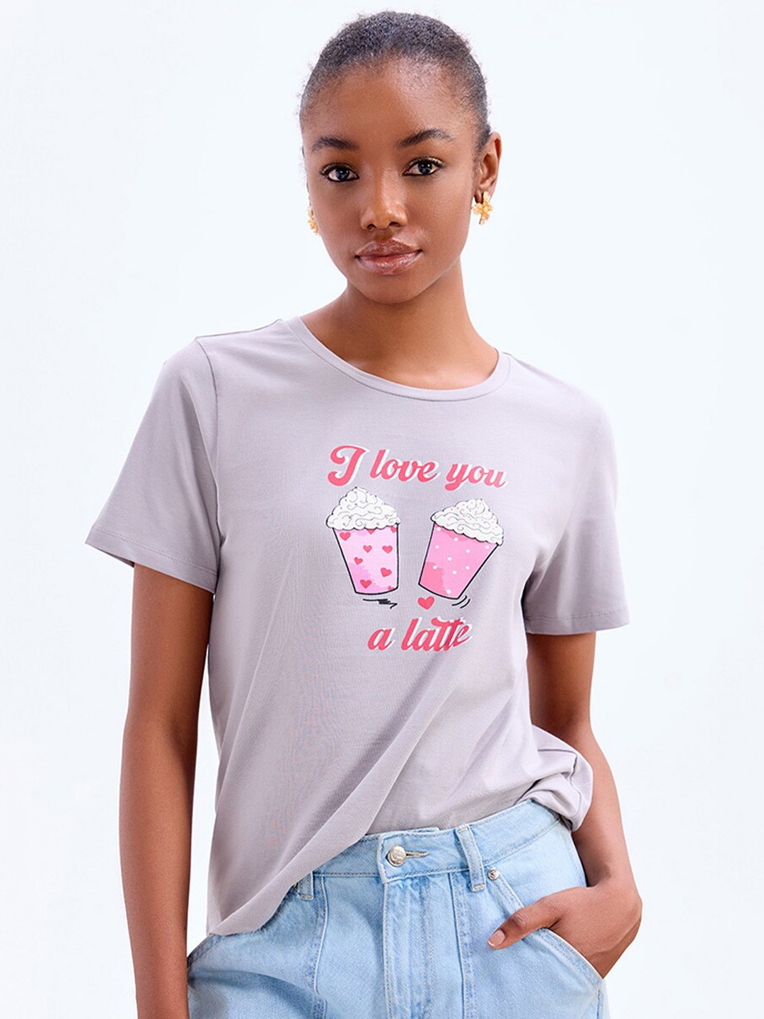 

COVER STORY Typography Printed Short Sleeves Round Neck Cotton T-shirt, Grey