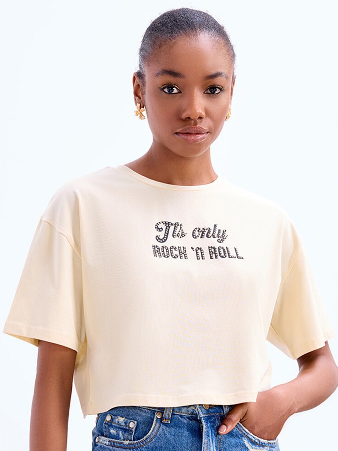 

COVER STORY Typography Short Sleeves Round Neck Cotton Boxy T-shirt, Beige