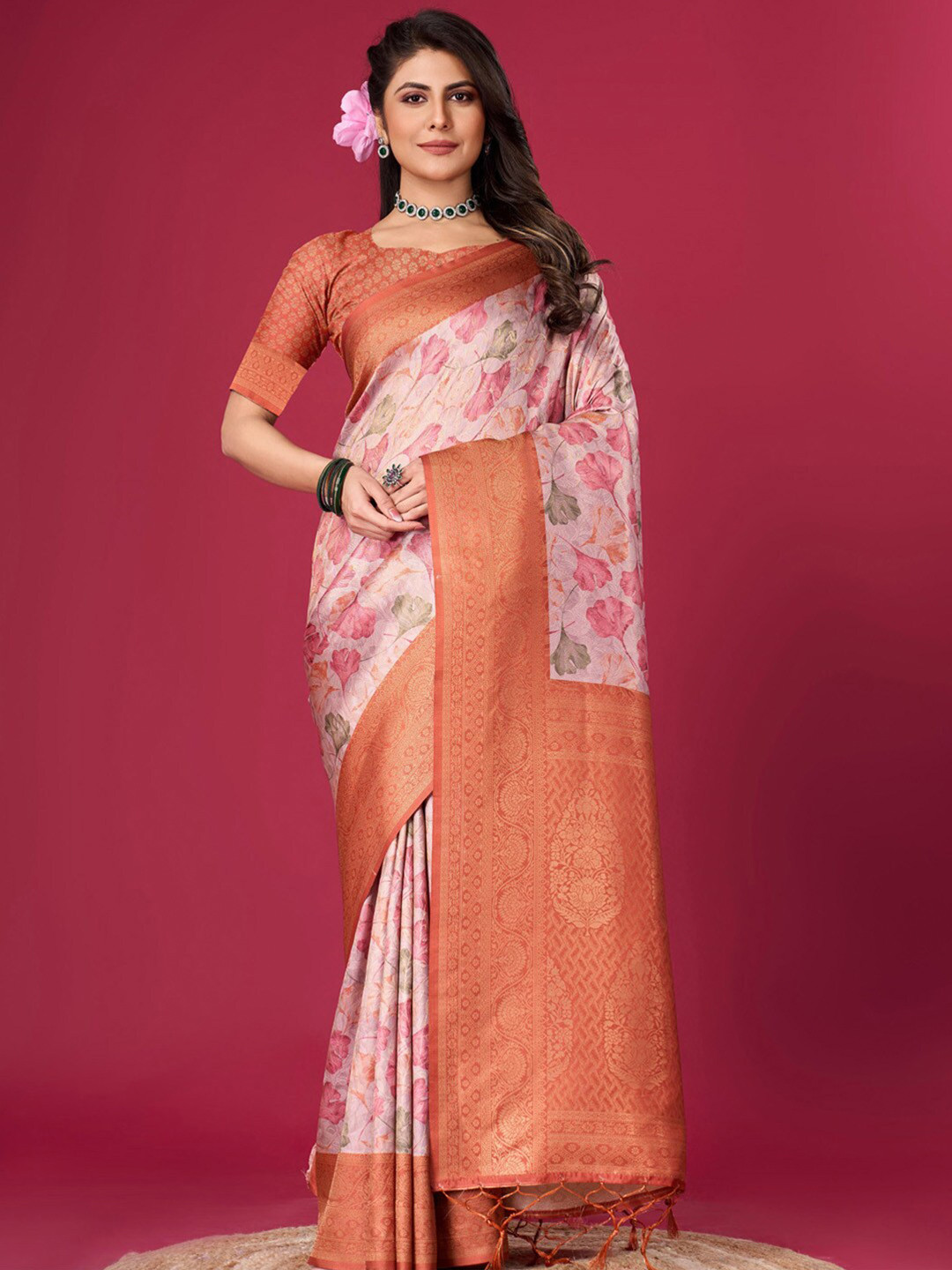 

Mitera Floral Printed Zari Banarasi Saree, Beige