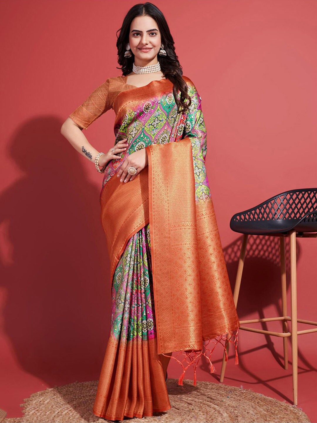 

Mitera Floral Zari Woven Design Banarasi Saree with Tassels, Green