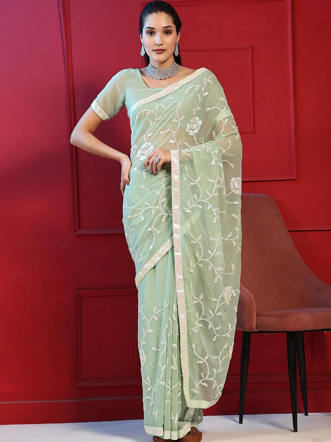 

Mitera Embellished Sequinned Heavy Work Saree, Sea green