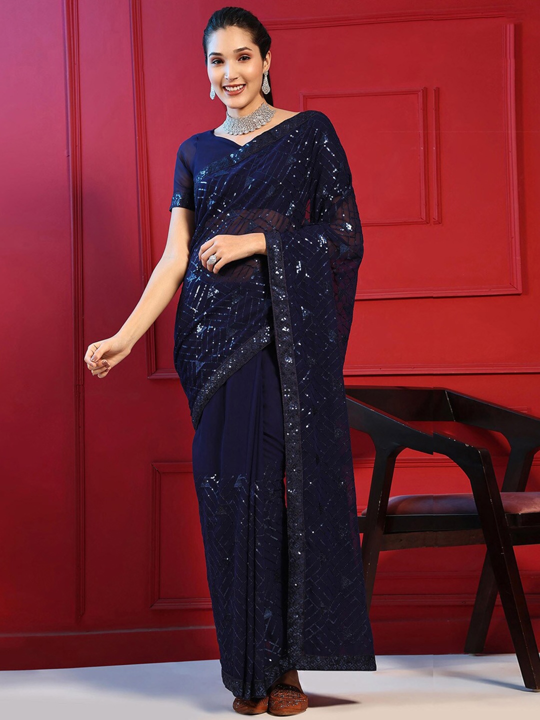 

Mitera Embellished Sequinned Saree, Navy blue