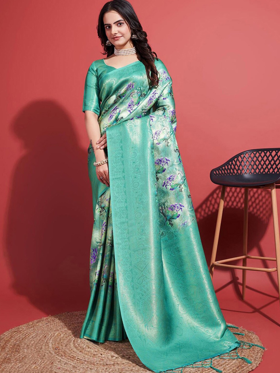 

Mitera Floral Printed Zari Banarasi Saree, Turquoise blue