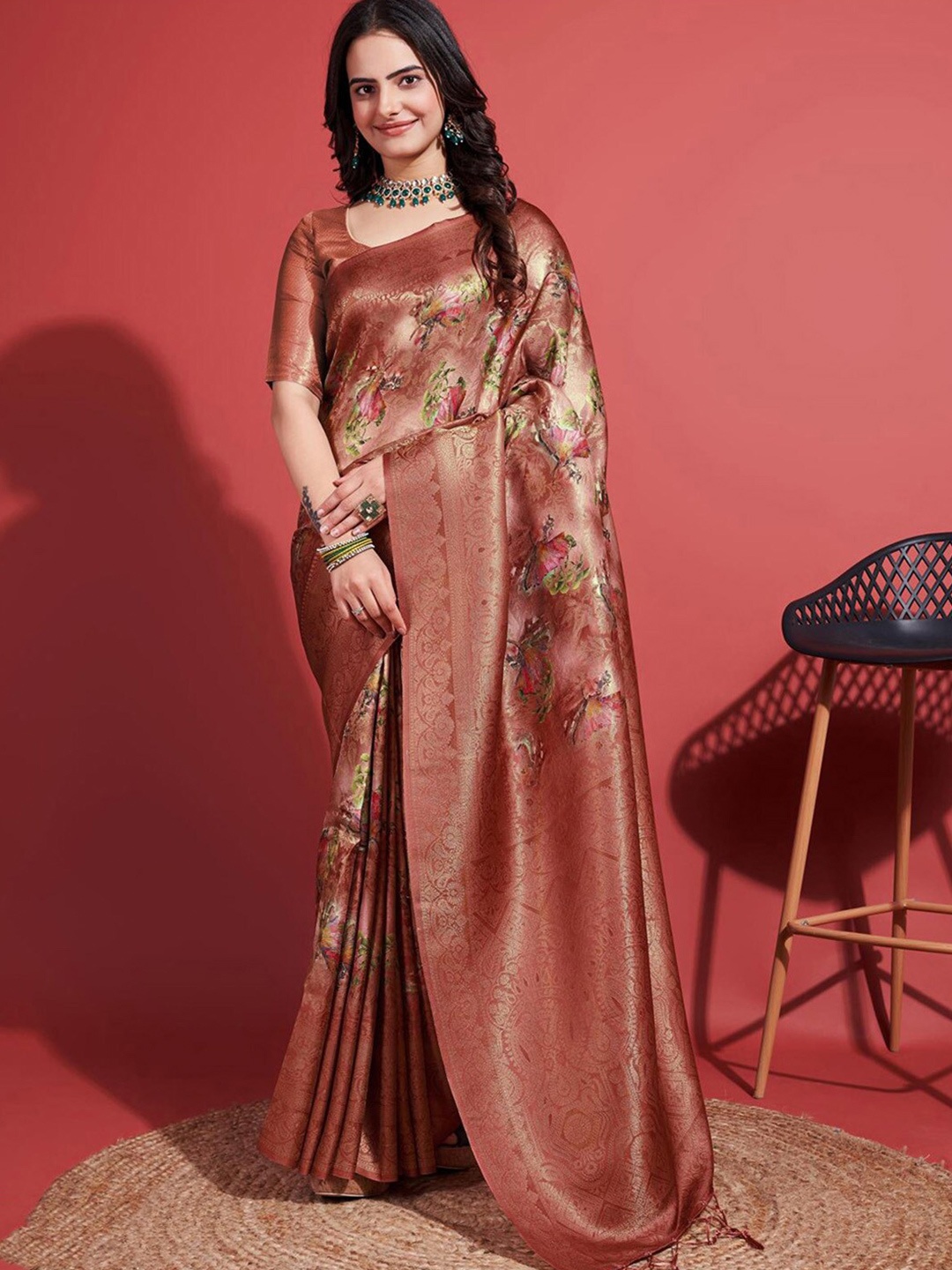 

Mitera Floral Printed Zari Banarasi Saree, Rust