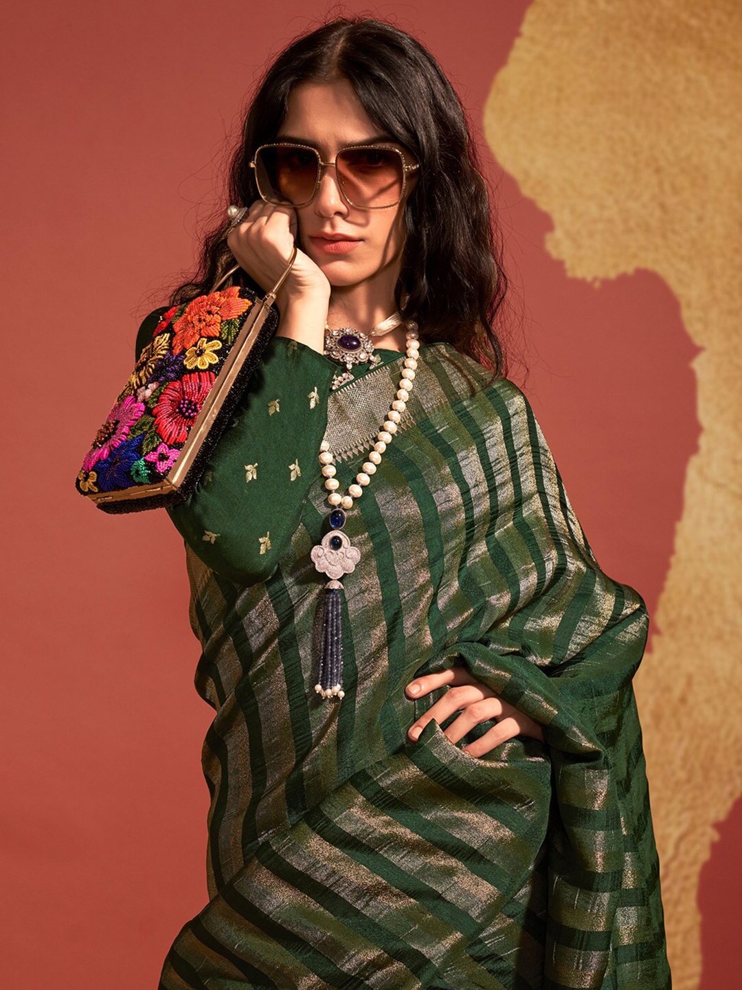 

Mitera Woven Design Zari Banarasi Saree, Green