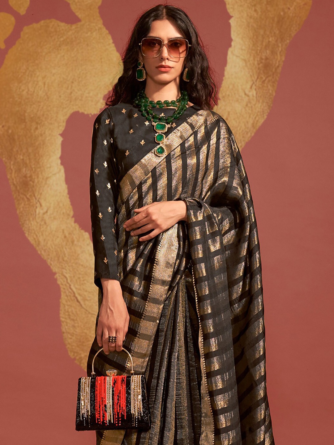 

Mitera Striped Zari Banarasi Saree, Black