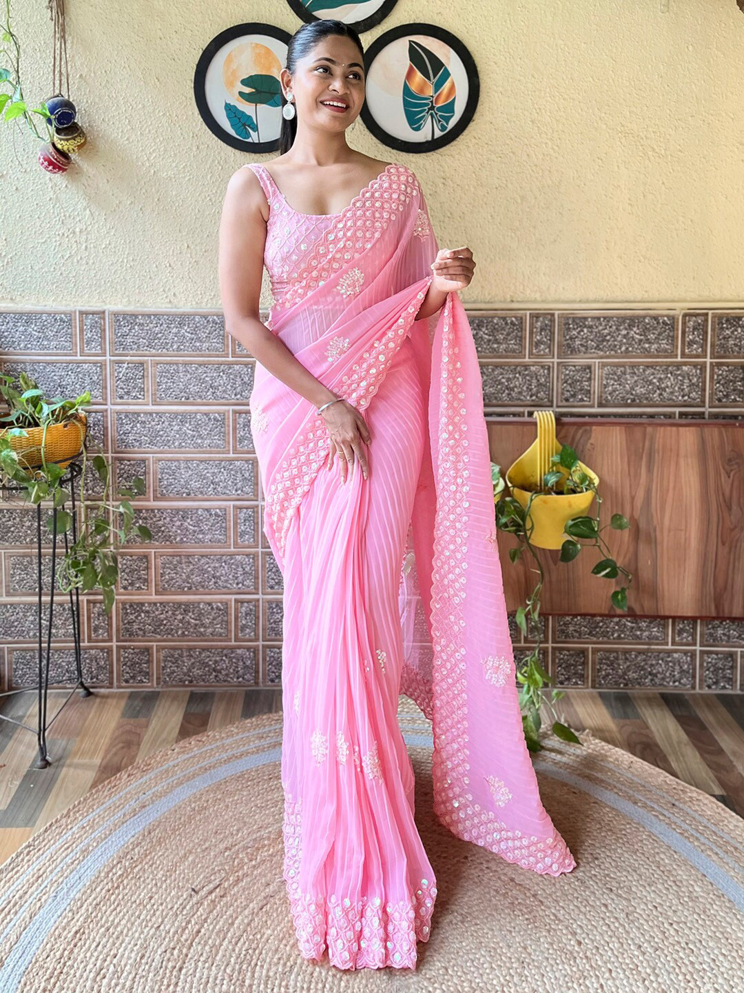 

Mitera Embellished Sequinned Pure Georgette Saree, Pink