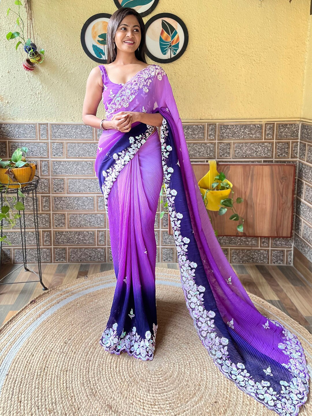 

Mitera Embellished Sequinned Poly Georgette Designer Saree, Purple