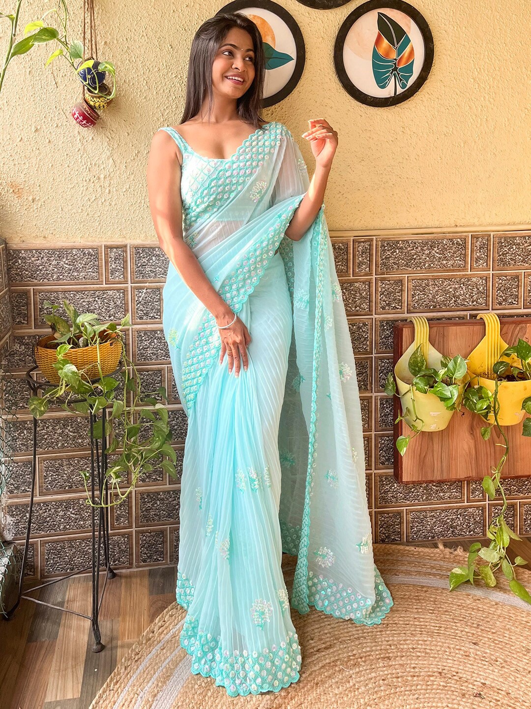 

Mitera Embellished Sequinned Poly Georgette Designer Saree, Turquoise blue