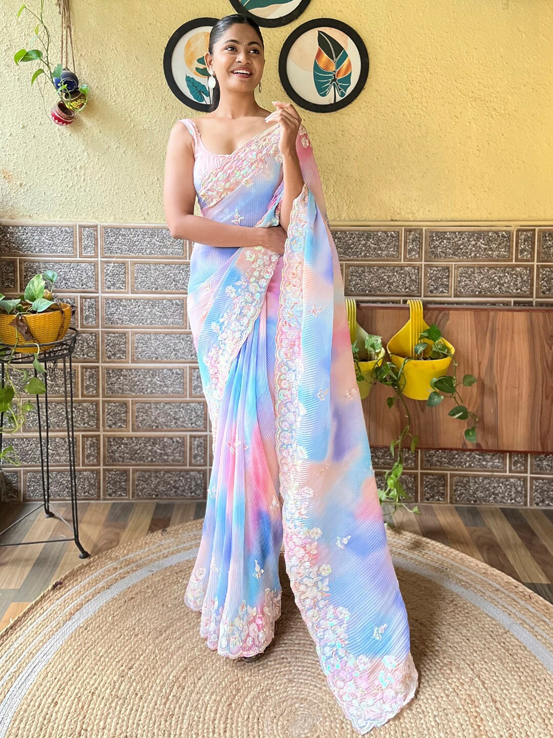 

Mitera Tie and Dye Sequinned Poly Georgette Saree, Blue