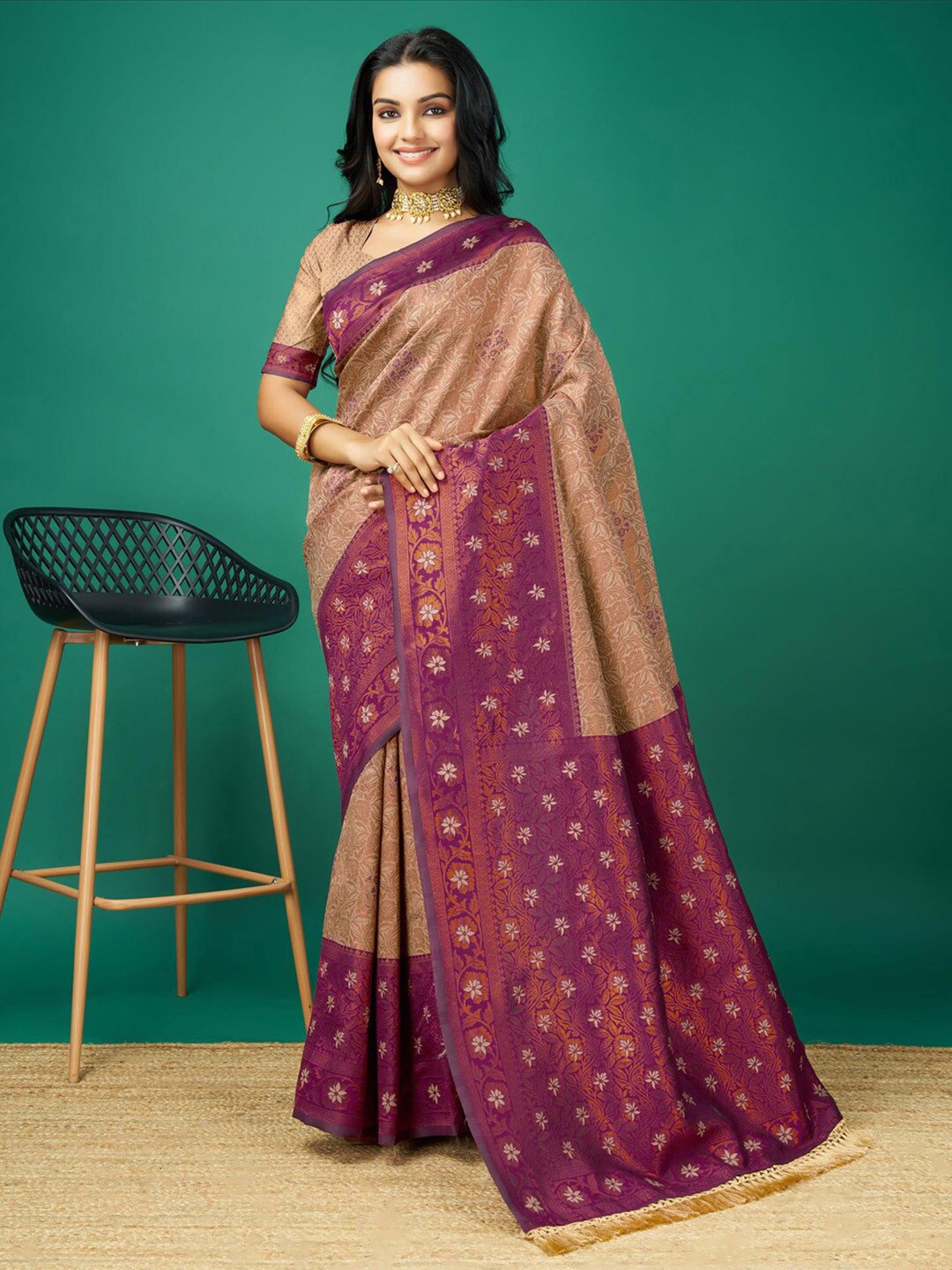 

Mitera Woven Design Zari Pure Silk Banarasi Saree, Cream