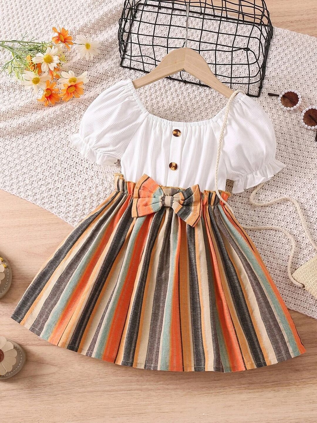

SWAADHI Girls Striped Puff Sleeve Bow Cotton Fit & Flare Dress, Multi