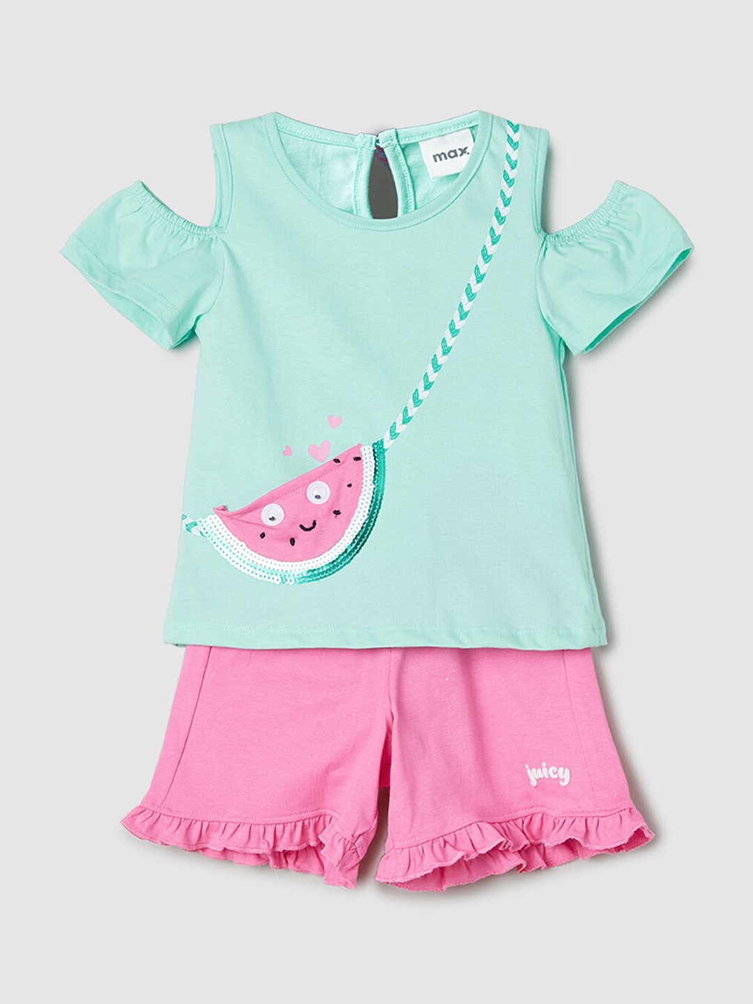 

max Girls Printed Pure Cotton Night suit, Green