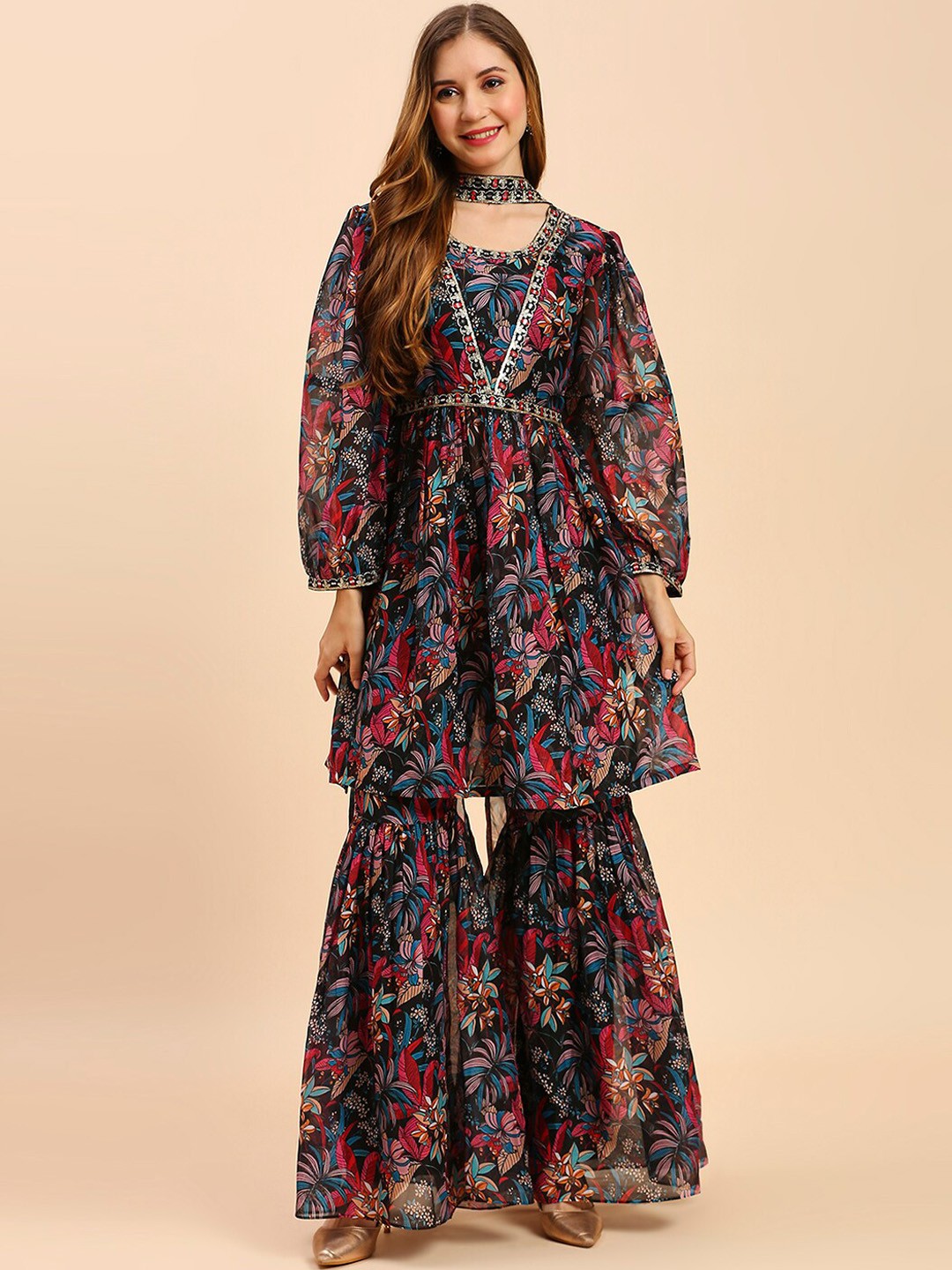 

MADHURAM Ethnic Motifs Printed Angrakha Top with Sharara & With Dupatta, Black