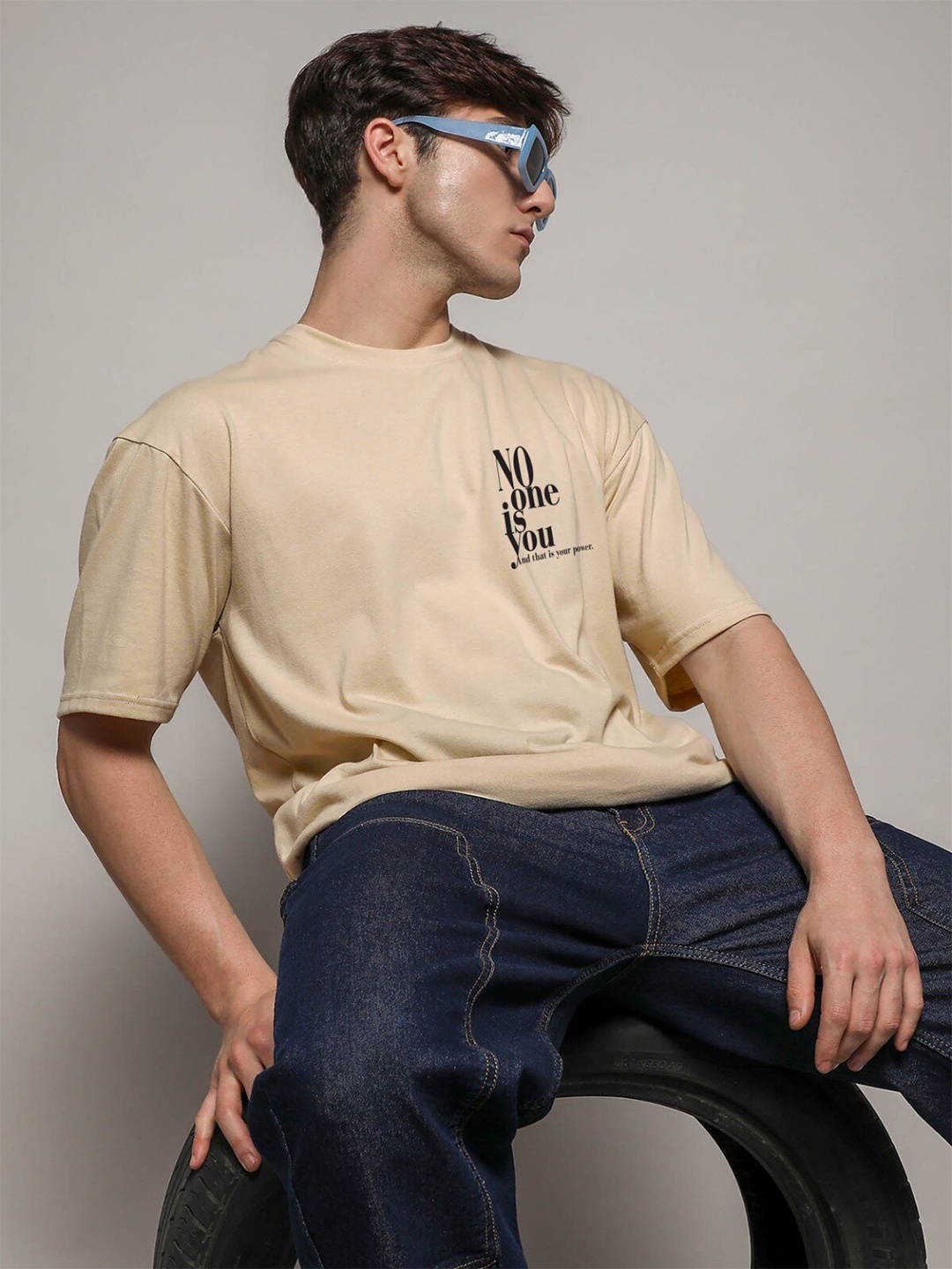 MISCHIEF MONKEY Printed Round Neck Oversized T-shirt, Beige