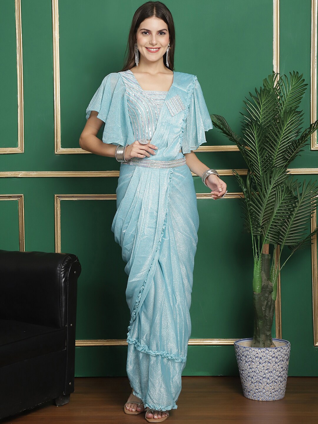 

Grancy Embellished Ready To Wear Belted Saree, Turquoise blue