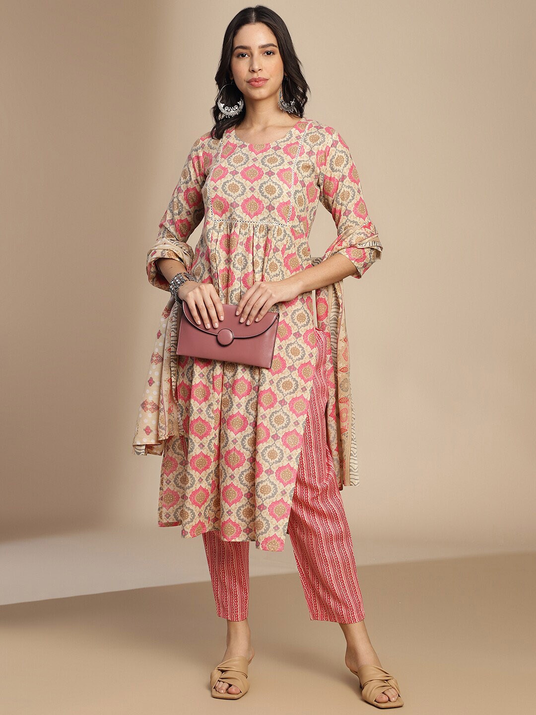 

KALINI Ethnic Motifs Printed Empire A-Line Kurta with Trousers & With Dupatta, Pink