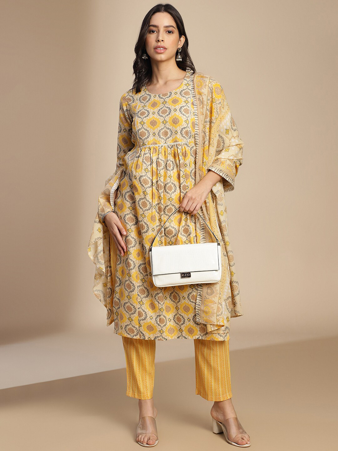 

KALINI Ethnic Motifs Printed Empire Kurta with Trousers & Dupatta, Yellow