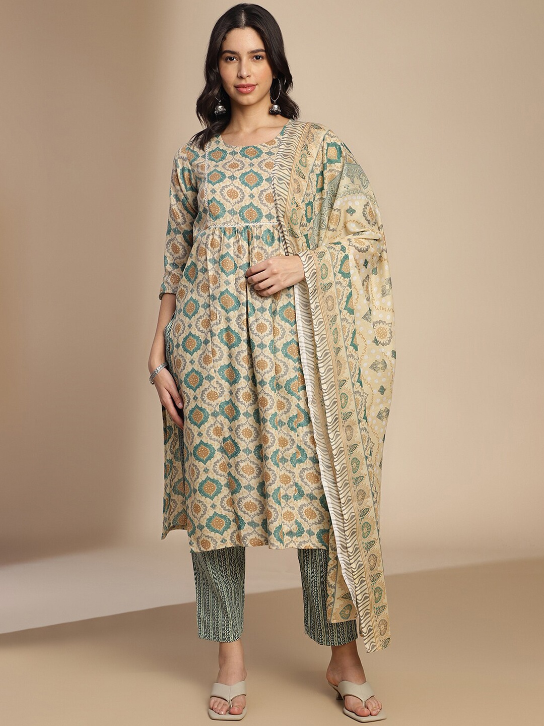 

Saanjh Green Ethnic Motifs Printed Round Neck A-Line Kurta With Trousers & Dupatta