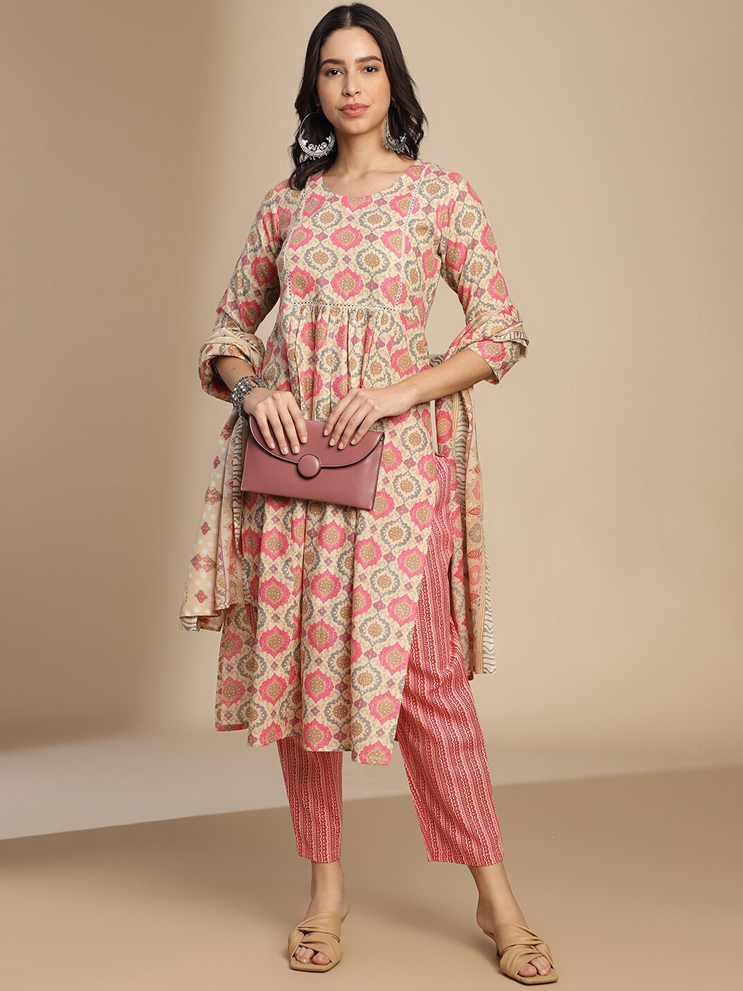 

Saanjh Pink Ethnic Motifs Printed Round Neck A-Line Kurta With Trousers & Dupatta
