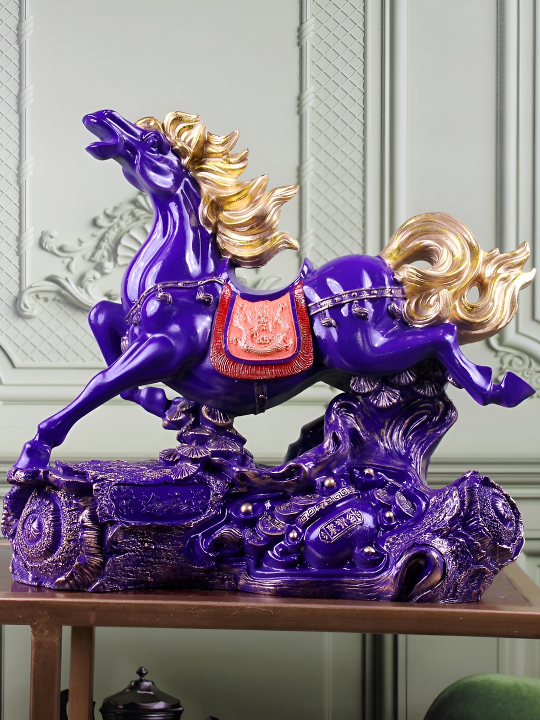 

THE WHITE INK DECOR Blue & Gold Toned Horse Figurine Showpiece
