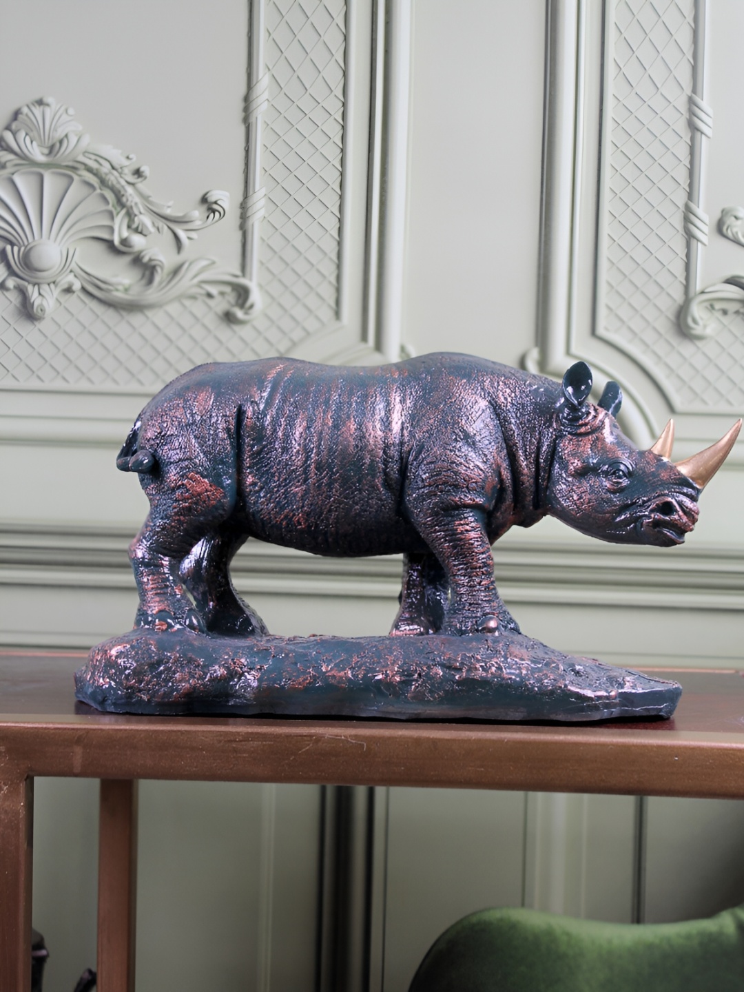 

THE WHITE INK DECOR Brown & Blue Rhino Figurine Showpiece