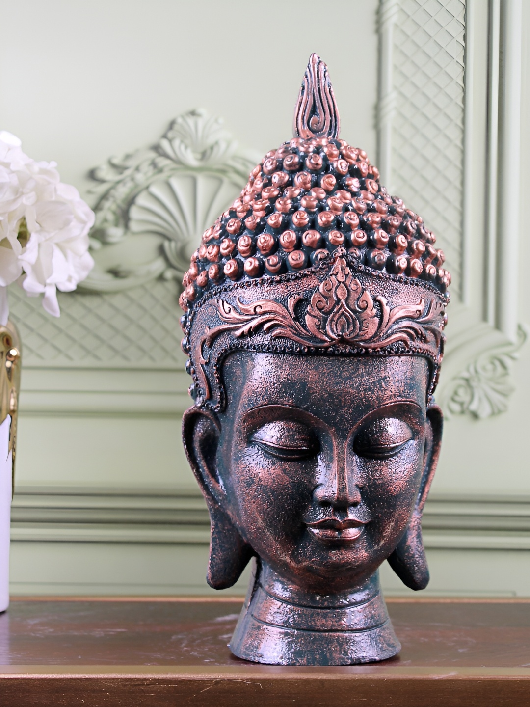 

THE WHITE INK DECOR Gold Toned & Green Buddha Figurine Showpiece