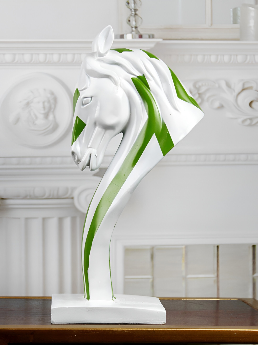 

THE WHITE INK DECOR White & Green Horse Figurine Showpiece