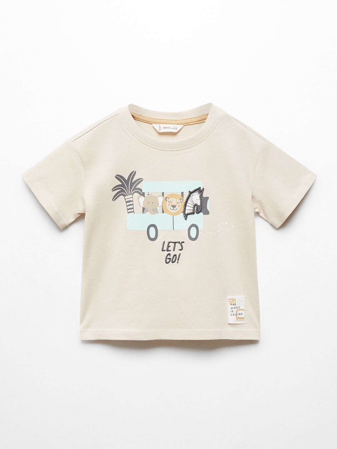

Mango Kids Boys Printed Drop-Shoulder Sleeves Applique T-shirt, Beige