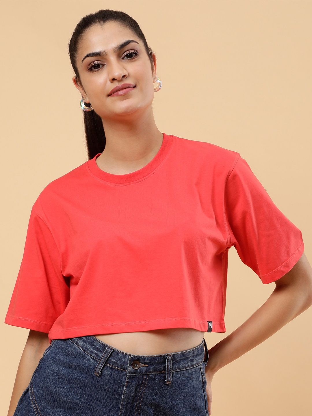 

PockMAN Cotton Oversized Boxy Crop Top, Red