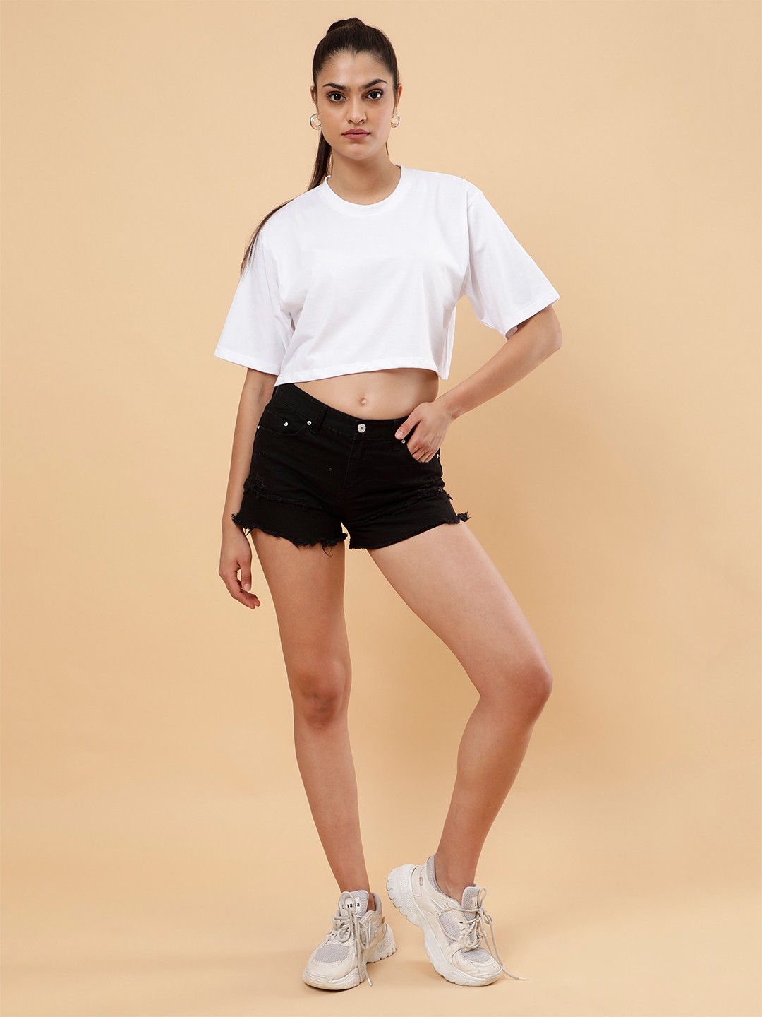 

PockMAN Round Neck Short Sleeves Cotton Oversized Crop T-shirt, White