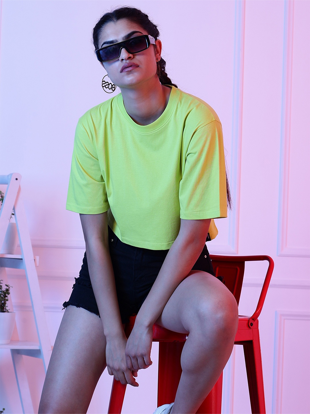 

PockMAN Round Neck Short Sleeves Cotton Oversized Crop T-shirt, Lime green