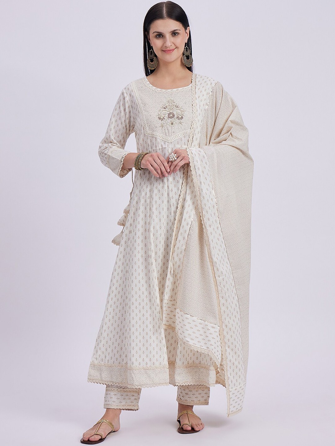 

Knitstudio Floral Embroidered Empire Thread Work Kurti With Trousers & Dupatta, Cream