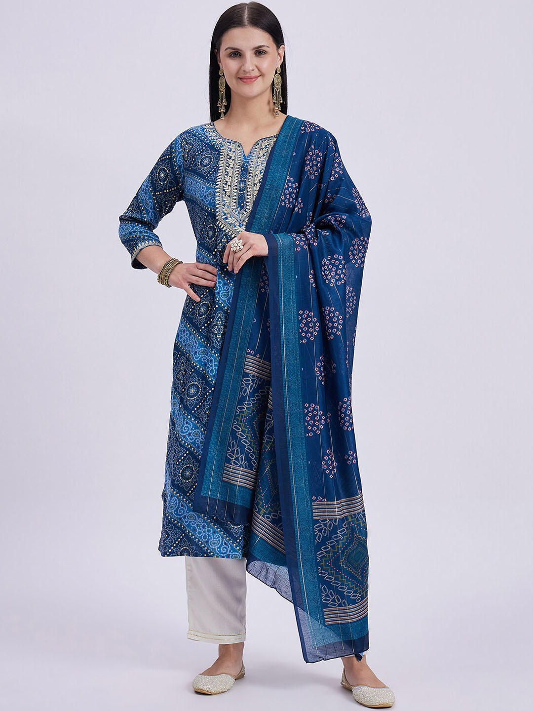 

Knitstudio Floral Embroidered Zari Notched Neck A-Line Kurta With Trouser & Dupatta, Blue