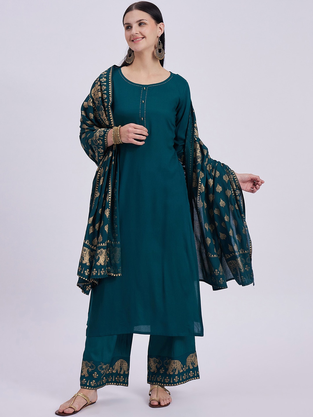 

Knitstudio Round Neck Three-Quarter Sleeves A-Line Kurta With Palazzo & Dupatta, Teal