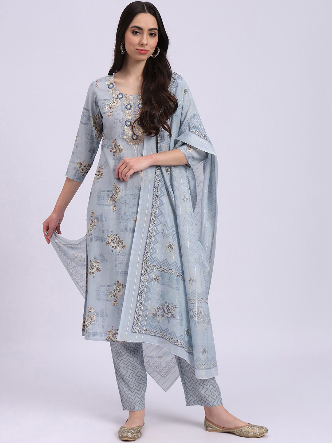 

Knitstudio Ethnic Motifs Printed Regular Round Neck Straight Kurta With Trousers & Dupatta, Blue