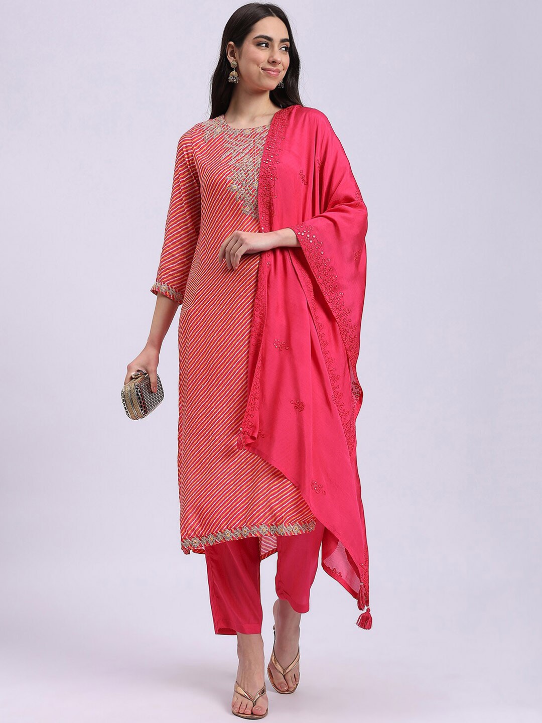 

Knitstudio Floral Embroidered Zardozi Round Neck A-Line Kurta With Trouser & Dupatta, Magenta