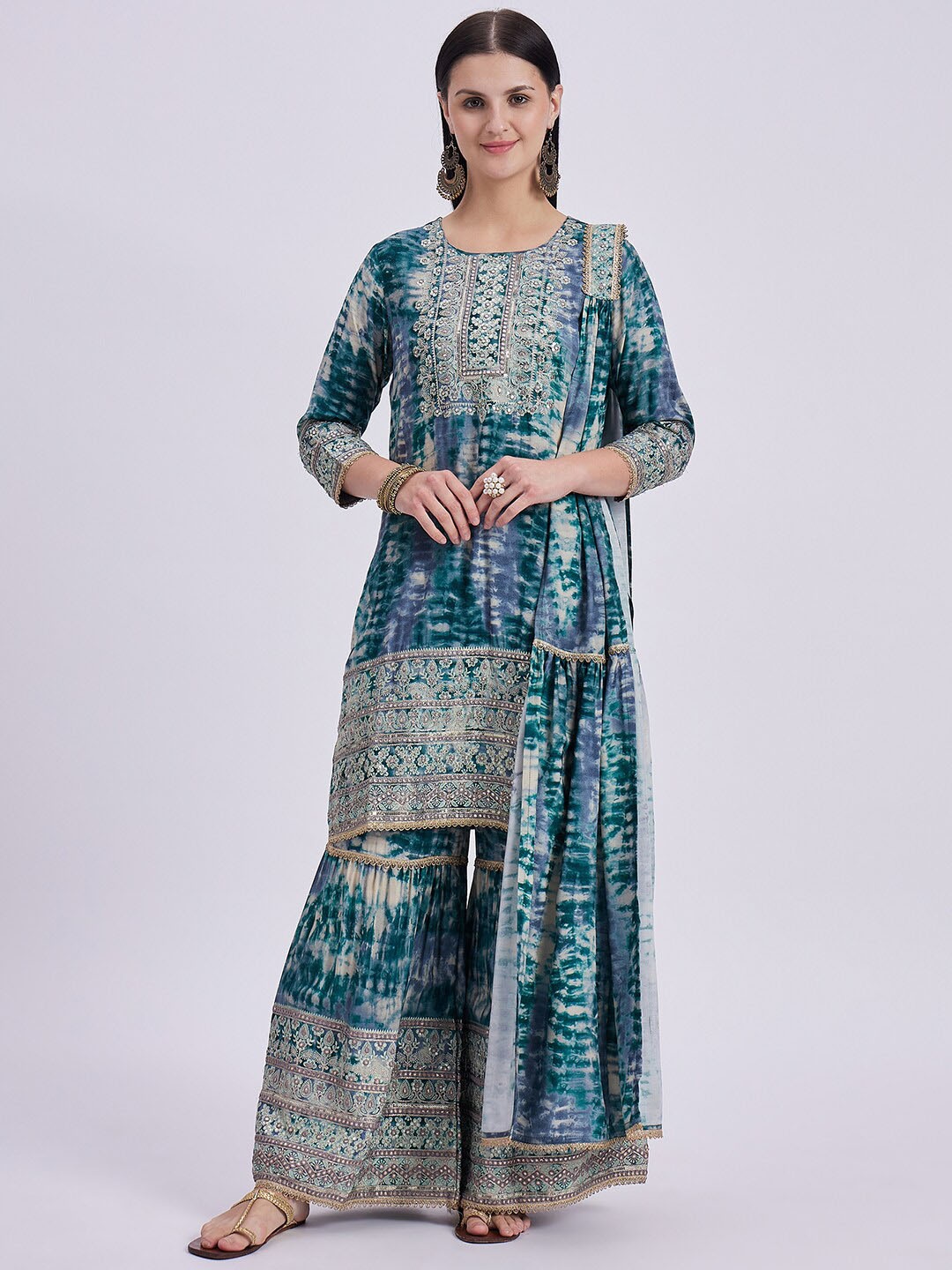 

Knitstudio Ombre Embroidered Regular Thread Work A-Line Kurti With Sharara & Dupatta, Green