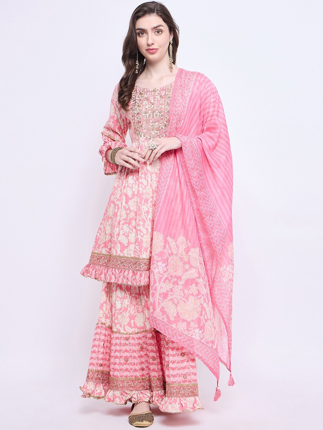 

Knitstudio Floral Embroidered Regular Mukaish A-Line Kurti With Sharara & Dupatta, Pink