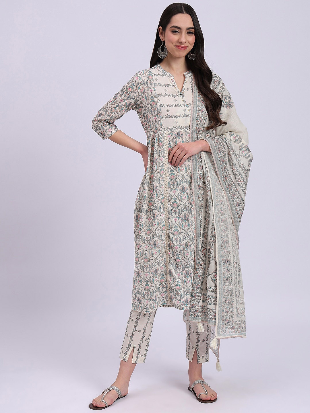 

Knitstudio Floral Printed Regular Mandarin Collar Straight Kurta With Trouser & Dupatta, Beige