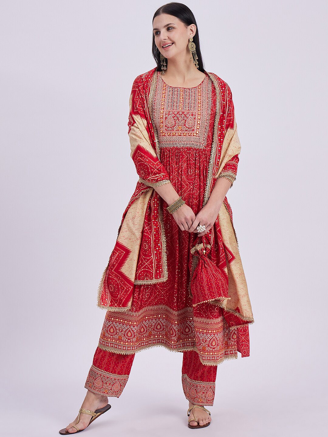 

Knitstudio Ethnic Motifs Embroidered Pleated Mirror Work Kurta With Trouser & Dupatta, Red