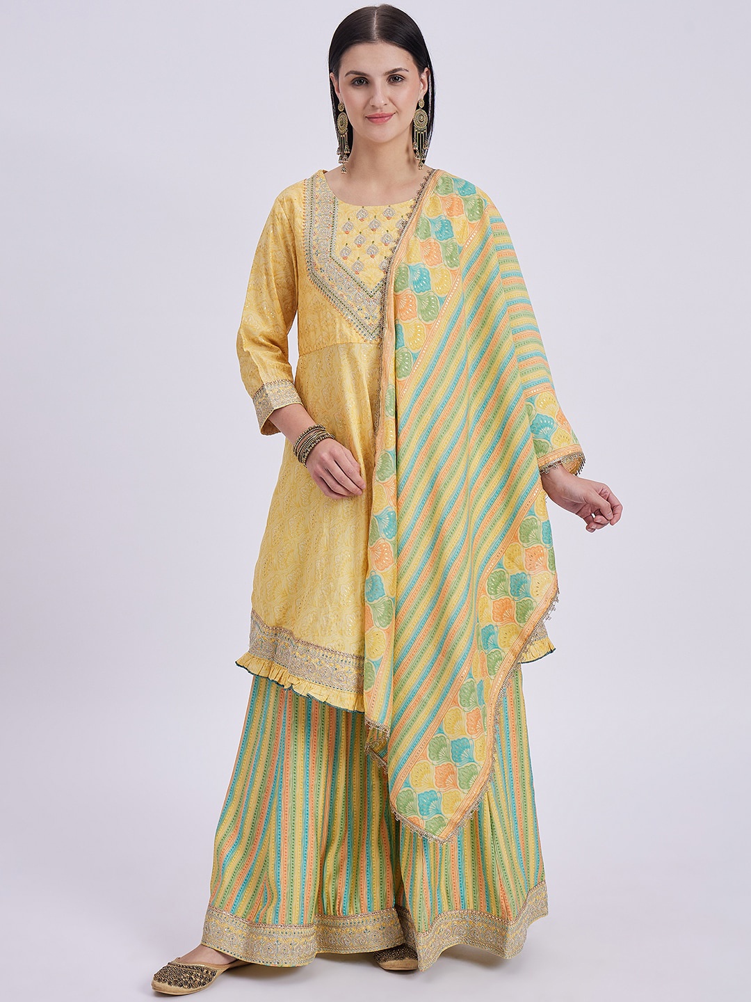 

Knitstudio Floral Embroidered Mukaish Cotton Silk Anarkali Kurti With Sharara & Dupatta, Yellow