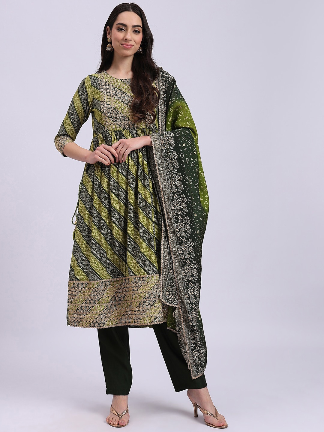

Knitstudio Bandhani Embroidered Regular Mukaish Anarkali Kurta With Trousers & Dupatta, Green