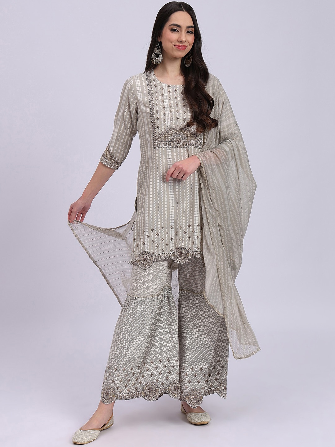 

Knitstudio Women Ethnic Motifs Embroidered Regular A-Line Kurti With Sharara & Dupatta, Grey